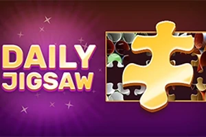 Duży, złoty element puzzli obok napisu DAILY JIGSAW na fioletowym tle z gwiazdkami