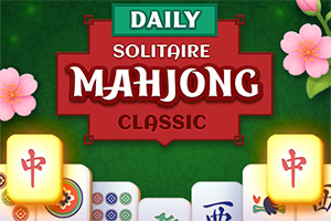 Napis „Daily Solitaire Mahjong Classic” na tle zielonej powierzchni z kwiatami wiśni i płytkami mahjonga