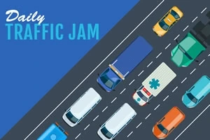 Widok z góry na korek uliczny z różnymi pojazdami, w tym samochodami osobowymi, ciężarówkami i karetką, na tle niebieskiej części z napisem Daily Traffic Jam