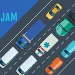 Widok z góry na korek uliczny z różnymi pojazdami, w tym samochodami osobowymi, ciężarówkami i karetką, na tle niebieskiej części z napisem Daily Traffic Jam