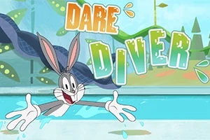 Królik w basenie z szeroko otwartymi oczami i napisem Dare Diver w tle, z elementami wody i zieleni