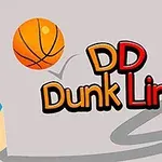 Długa kredka obok unoszącej się piłki do koszykówki oraz napis DD Dunk Line z wygiętą linią w tle na szarym tle