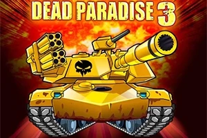 Żółty czołg z czarną czaszką na tle intensywnych czerwono-pomarańczowych promieni, z napisem Dead Paradise 3 u góry