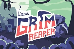 Kolorowa ilustracja z napisem Dear Grim Reaper na tle cmentarza z nagrobkami i drzewami