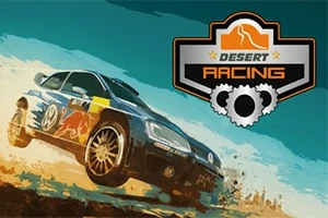 Samochód wyścigowy skaczący na pustynnym terenie obok logo z napisem Desert Racing
