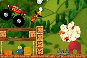 Czerwony monster truck skacze nad drewnianymi blokami, obok lecącej rakiety i wybuchu na tle zielonego krajobrazu