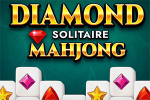 Napis Diamond Solitaire Mahjong na zielonym tle z kafelkami ozdobionymi diamentowymi symbolami