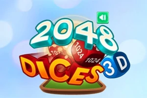 Kolorowy napis 2048 Dices 3D z dużymi, wypukłymi cyframi i literami, otoczony kostkami z numerami na tle nieba