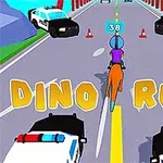 Osoba jadąca na dinozaurze po drodze pełnej policyjnych samochodów i pachołków drogowych z napisem Dino Rush