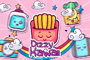 Kolorowa grafika z uśmiechniętymi frytkami w stylu kawaii otoczonymi chmurkami, gwiazdkami i symbolem tęczy na różowym tle