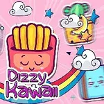 Kolorowa grafika z uśmiechniętymi frytkami w stylu kawaii otoczonymi chmurkami, gwiazdkami i symbolem tęczy na różowym tle