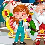Dziewczynka w niebieskim stroju medycznym i starszy mężczyzna w świątecznym kostiumie z reniferem i saniami w tle