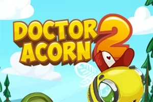 Żółty owad w kapeluszu z krzyżykiem na tle z chmurami, drzewami i tytułem Doctor Acorn 2