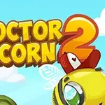 Żółty owad w kapeluszu z krzyżykiem na tle z chmurami, drzewami i tytułem Doctor Acorn 2