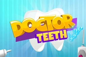 Napis Doctor Teeth na tle białego zęba z niebieskim gradientem oraz widocznymi elementami dentystycznymi po bokach