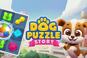 Szczęśliwy szczeniak obok kolorowego układu puzzli z klockami i piłką na tle bajkowego miasta