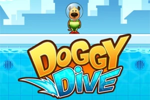 Postać psa w akwalungu stojąca nad basenem z dużym kolorowym napisem Doggy Dive