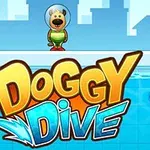Postać psa w akwalungu stojąca nad basenem z dużym kolorowym napisem Doggy Dive