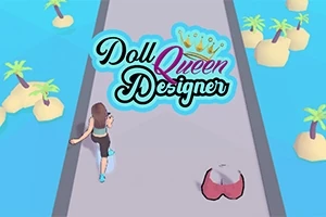 Postać biegnąca po wąskiej ścieżce otoczonej wodą z wysepkami i palmami, z widocznym napisem Doll Queen Designer