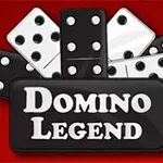 Czarne i białe kostki domina na czerwonym tle z napisem Domino Legend