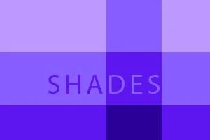 Kwadraty w różnych odcieniach fioletu z napisem SHADES na środku