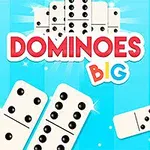 Napis DOMINOES BIG na niebieskim tle z ilustracją płytek domina z czarnymi kropkami