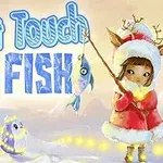 Dziewczynka w czerwonym stroju z rybą na wędce, otoczona przez pingwiny na ośnieżonym tle, z napisem Dont Touch My Fish