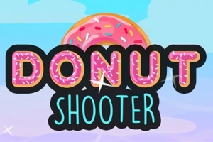 Różowy pączek z posypką na tle nieba z napisem DONUT SHOOTER