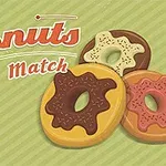 Ilustracja przedstawia trzy kolorowe pączki z różnymi polewami na tle zielonych pasków, z napisem Donuts Match w lewym górnym rogu