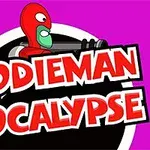 Komiksowa postać w czerwonym stroju z zielonym akcentem trzymająca duży czarny marker na fioletowym tle z napisem Doodieman Apocalypse