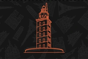 Ilustracja wieży z latarnią morską w stylu kreskowym na ciemnym tle z delikatnym wzorem przedstawiającym różne budowle