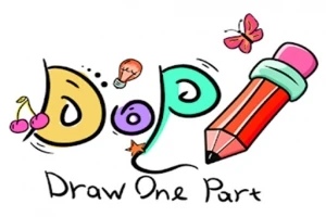 Napis Draw One Part z kolorowymi literami i grafiką ołówka, wiśni oraz motyla