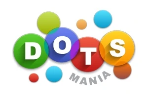 Kolorowe kółka z białymi literami układające się w napis DOTS, z dodatkiem słowa MANIA poniżej