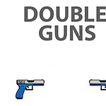 Napis Double Guns z dwoma rysunkowymi pistoletami o niebieskich uchwytach poniżej
