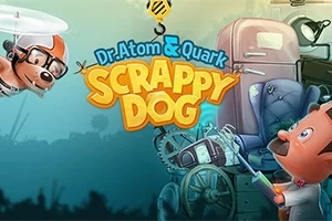 Dr. Atom & Quark: Scrappy Dog Rysunkowy pies w hełmie z wirnikiem i naukowiec w laboratorium z różnymi urządzeniami w tle