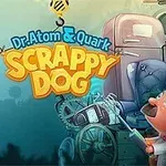 Dr. Atom & Quark: Scrappy Dog Rysunkowy pies w hełmie z wirnikiem i naukowiec w laboratorium z różnymi urządzeniami w tle