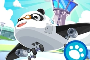 Panda przebrana za samolot z uśmiechem, w goglach, unosząca się w pobliżu wieży kontrolnej na tle jasnego, niebieskiego nieba