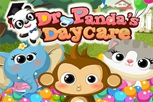 Kolorowa ilustracja z animowanymi zwierzętami: słoniem, małpką i kotem, oraz panda na górze z balonami i trawą w tle