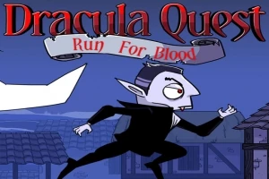Rysunkowy wampir w czarnym płaszczu biegnący przez wioskę w nocy z napisem Dracula Quest: Run For Blood na górze