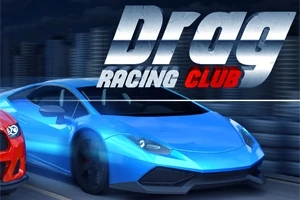 Niebieski sportowy samochód z dużym napisem „Drag Racing Club” na tle miejskiej panoramy