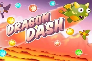 Zielony smok z dużymi oczami i małymi skrzydłami lata wśród kolorowych klejnotów na tle zachodu słońca z napisem Dragon Dash
