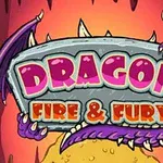 Napis Dragon Fire & Fury na tle płonącej jaskini z fioletowymi skrzydłami smoka i wystającymi kolcami