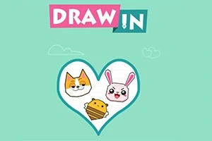 Rysunkowy kot, królik i pszczoła w sercu na miętowym tle z napisem DRAW IN