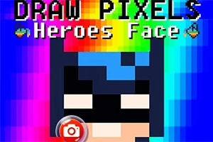 Na obrazku widać pikselową twarz superbohatera z kolorowym gradientowym tłem i napisem Draw Pixels Heroes Face u góry