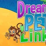 Kolorowy napis Dream Pet Link na tle niebiesko-żółtym z rysunkowymi postaciami małpki i papugi