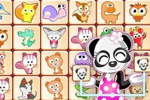 Kolorowe karty z rysunkami zwierząt w siatce oraz rysunkowa panda w różowym fartuszku z dwoma tabliczkami