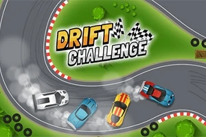 Samochody sportowe w drifcie na zakręcie toru wyścigowego z napisem Drift Challenge