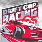 Czerwony samochód sportowy w dynamicznym stylu driftu na tle napisu Drift Cup Racing z efektami dymu w tle