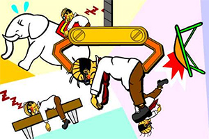 Kolorowa, humorystyczna ilustracja przedstawiająca mężczyznę w różnych absurdalnych sytuacjach, w tym uniesionego przez dużą mechaniczną ramię, siedzącego na upadającym krześle i śpiącego na stole, z białym słoniem w tle