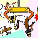 Kolorowa, humorystyczna ilustracja przedstawiająca mężczyznę w różnych absurdalnych sytuacjach, w tym uniesionego przez dużą mechaniczną ramię, siedzącego na upadającym krześle i śpiącego na stole, z białym słoniem w tle